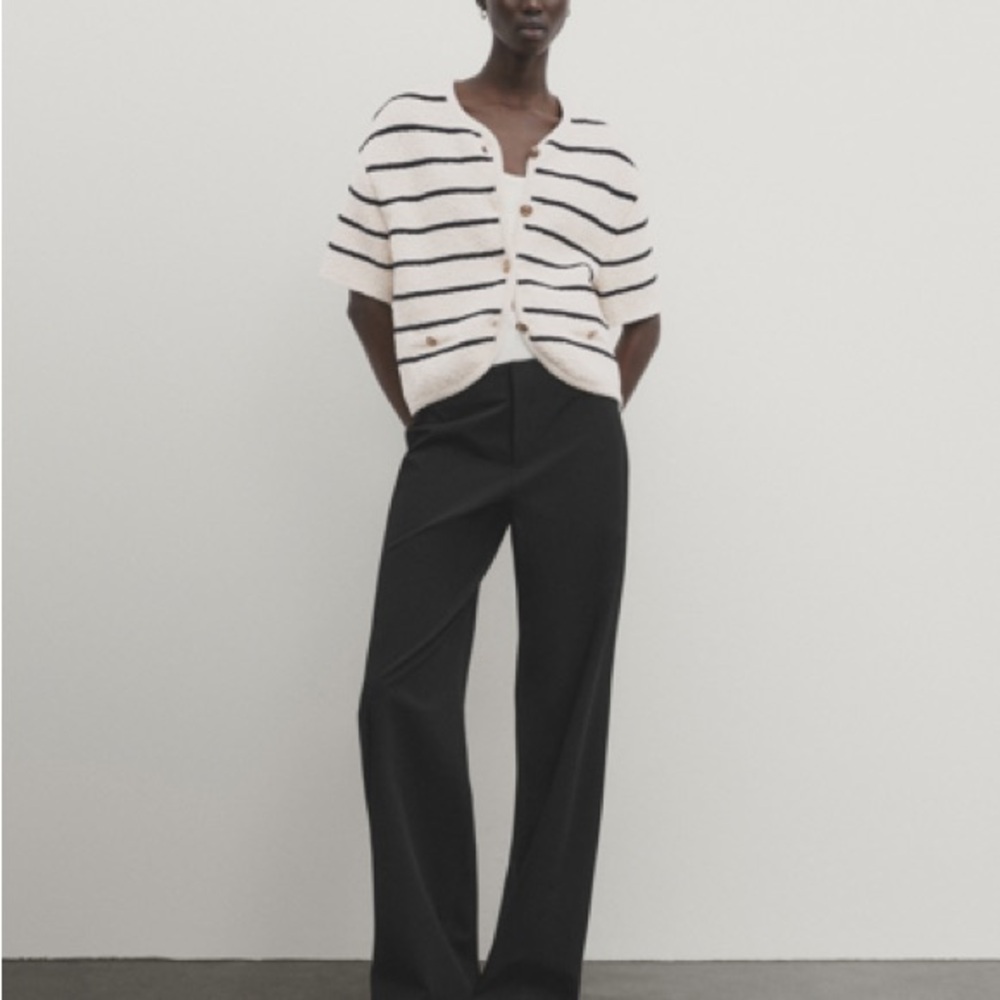 Massimo Dutti Striped Short Sleeve Textured Knit Cardigan